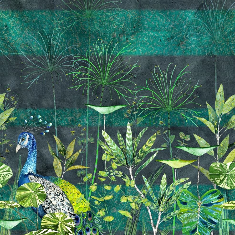 Arjuna Leaf mit blau-grünem Pfau | Tapete – Designers Guild